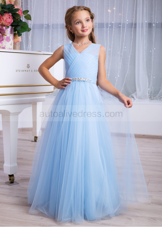 V Neck Blue Ruched Tulle Keyhole Back Long Flower Girl Dress